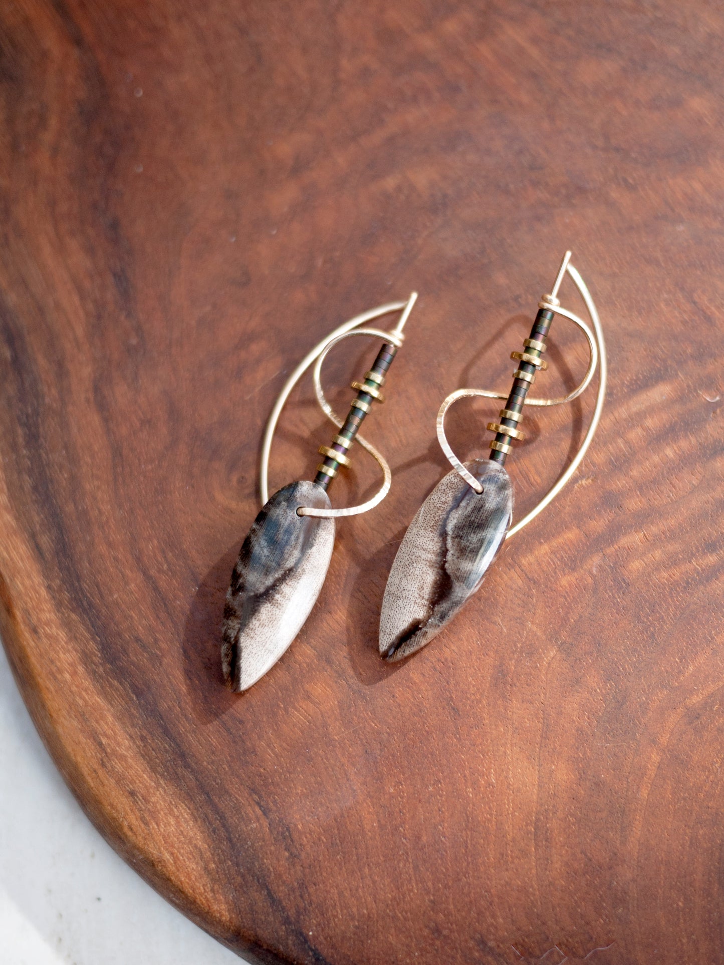 Sculptural Spiral Petrified Wood Drop Earrings