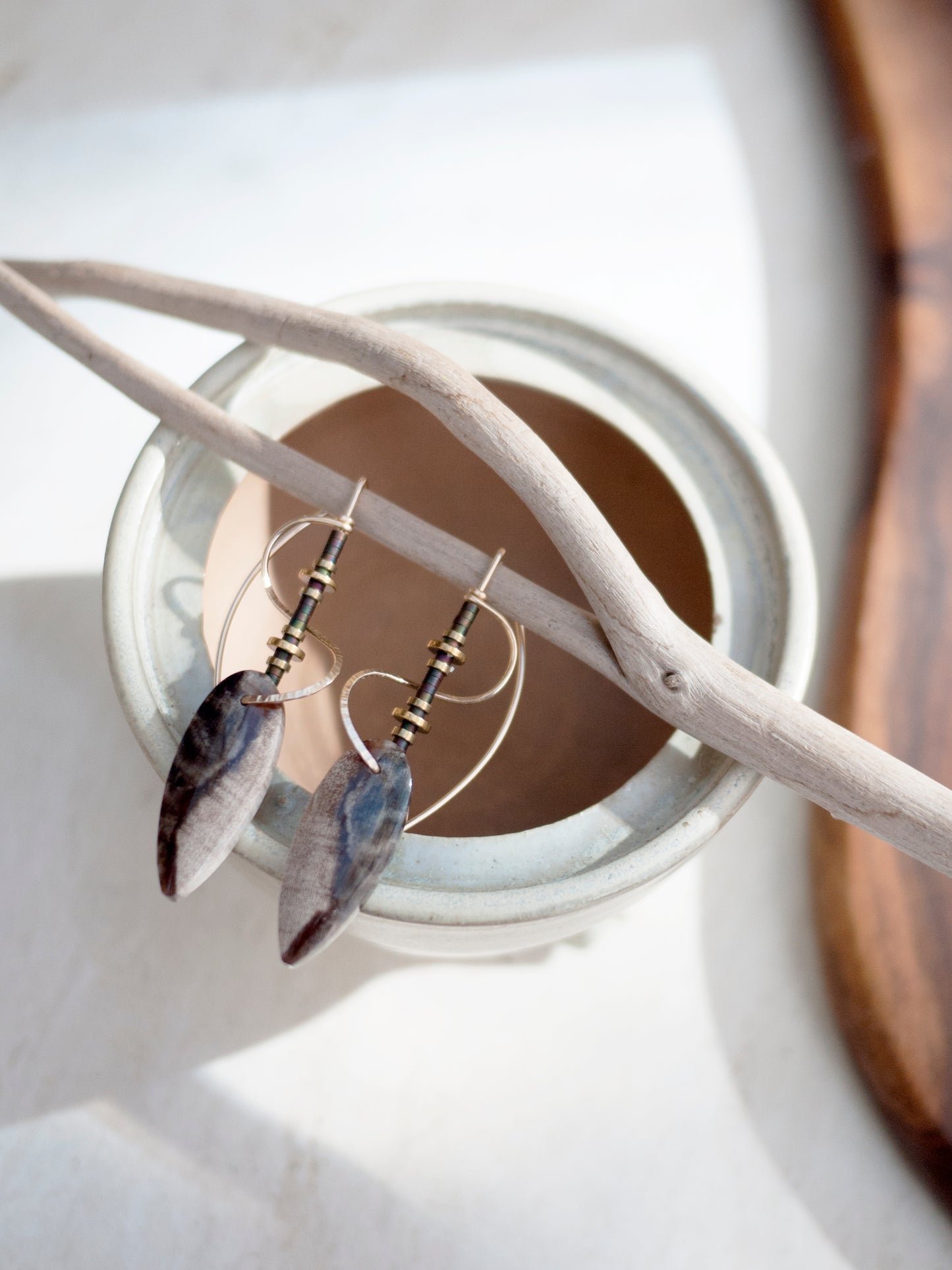 Sculptural Spiral Petrified Wood Drop Earrings