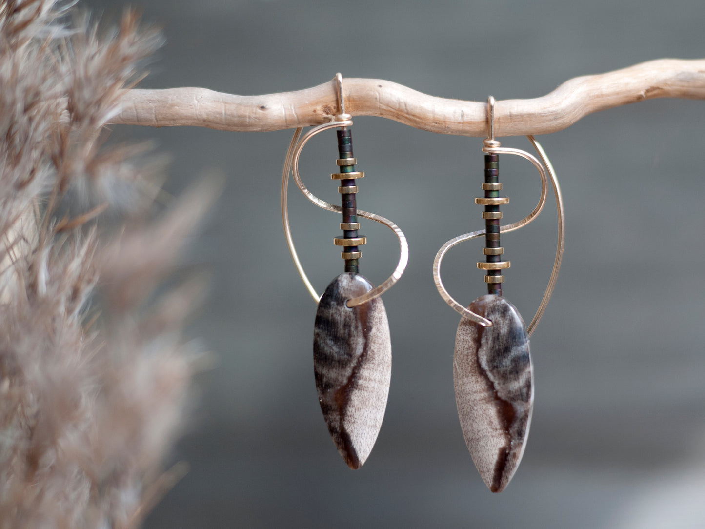 Sculptural Spiral Petrified Wood Drop Earrings