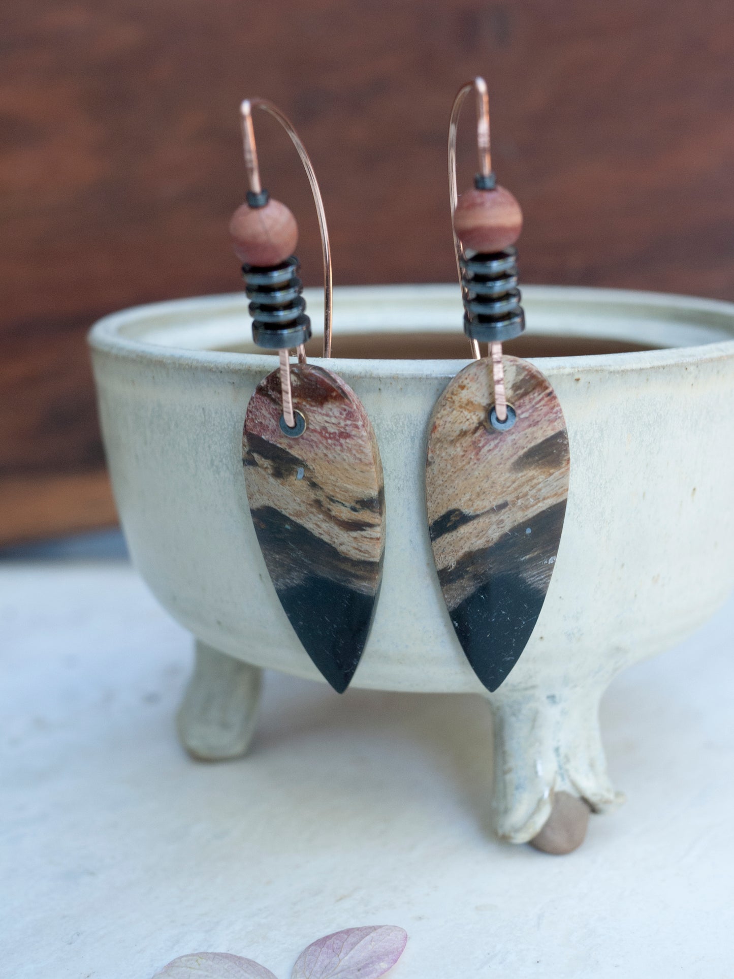 Spear Petrified Wood Drop Earrings