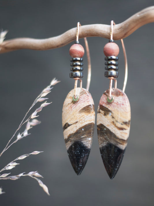 Spear Petrified Wood Drop Earrings
