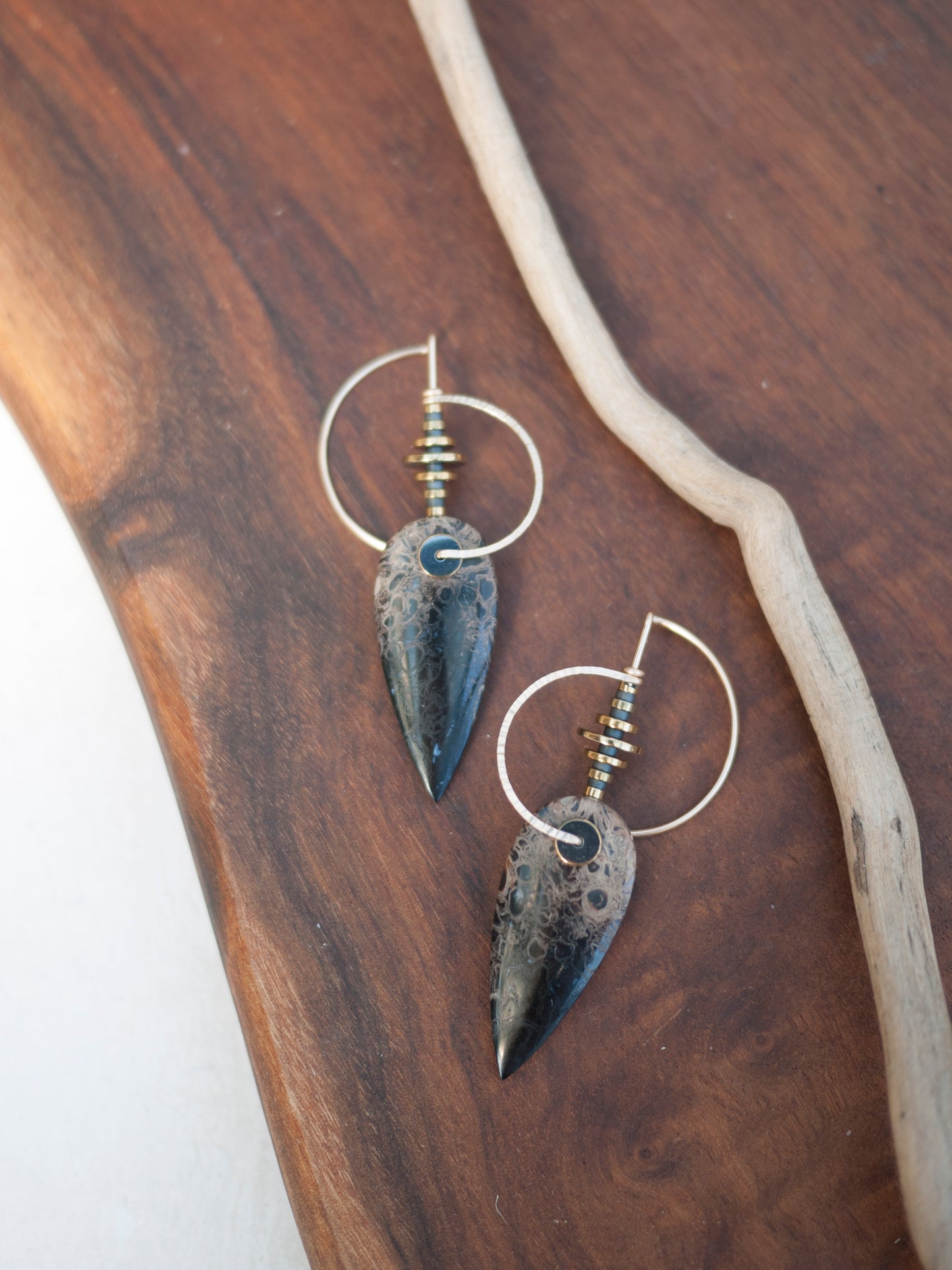 Petrified Palmwood Circle Motif Earrings