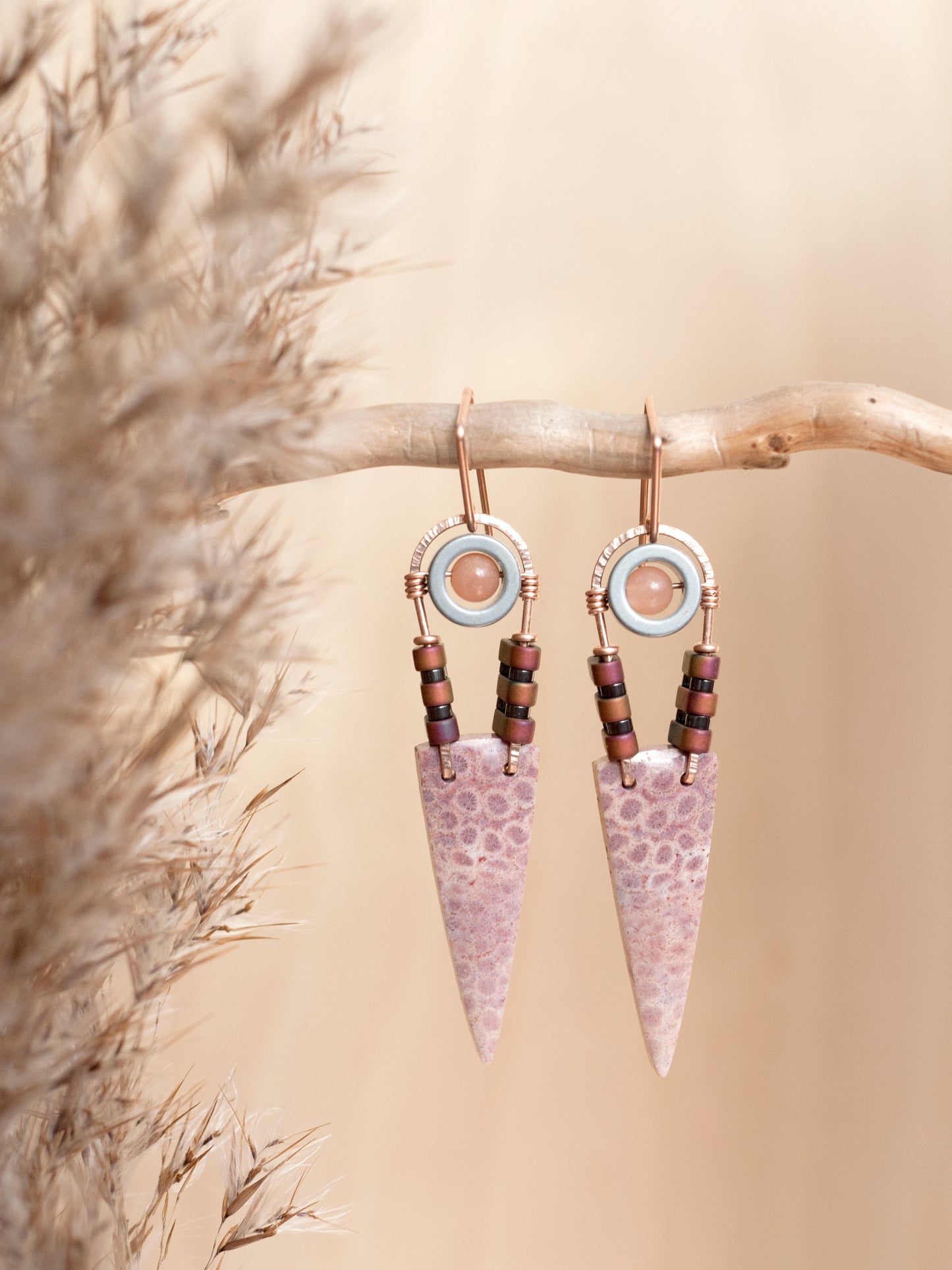 Pink Fossil Coral Spear Dangle Earrings