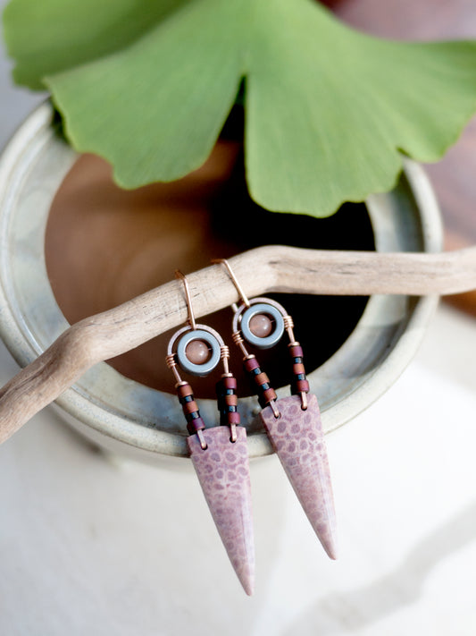 Pink Fossil Coral Spear Dangle Earrings
