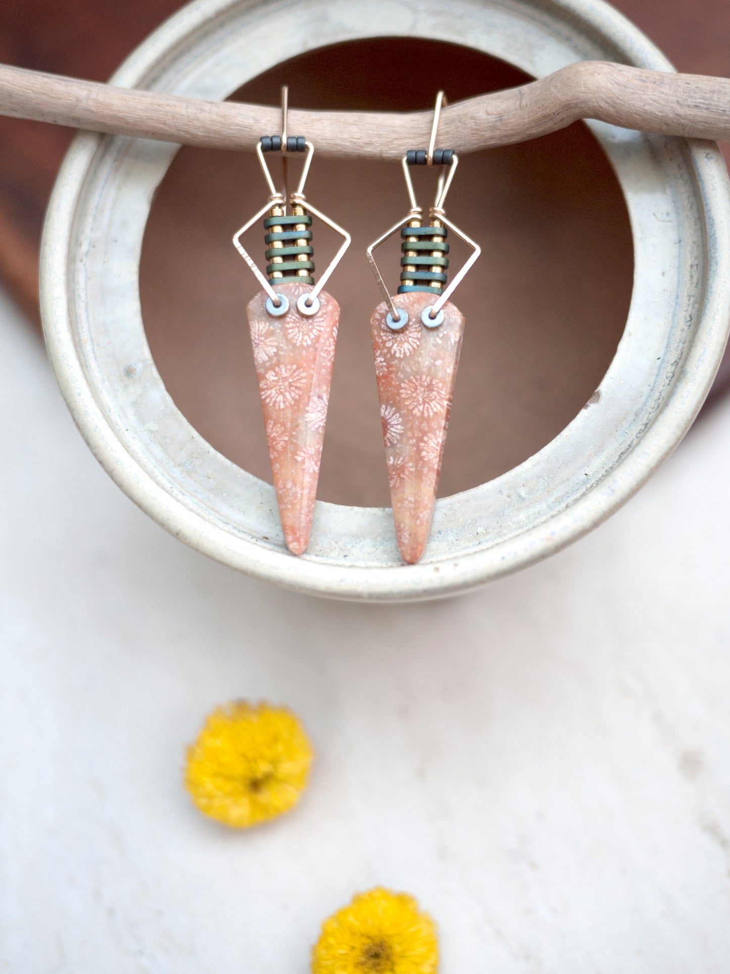 Pink Fossil Coral Spear Diamond Motif Dangle Earrings