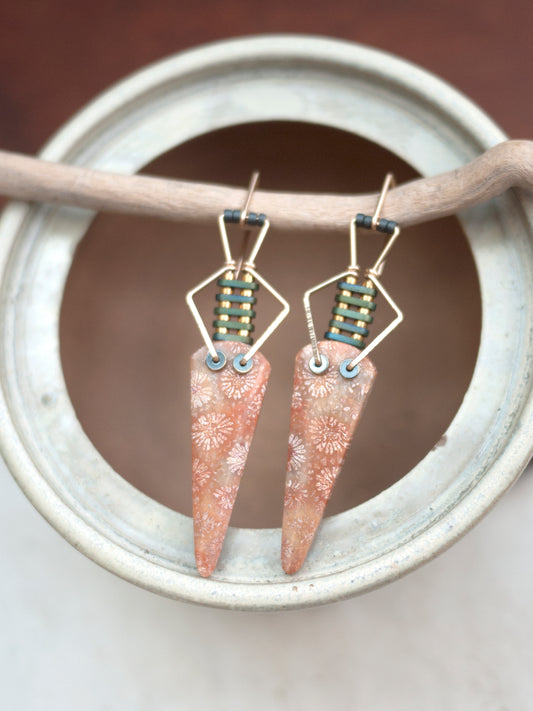 Pink Fossil Coral Spear Diamond Motif Dangle Earrings