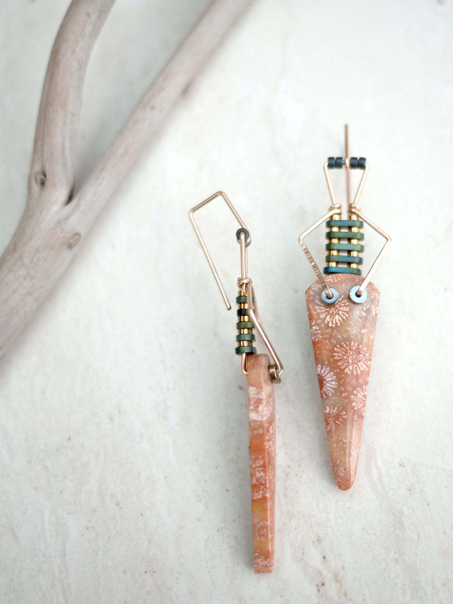 Pink Fossil Coral Spear Diamond Motif Dangle Earrings