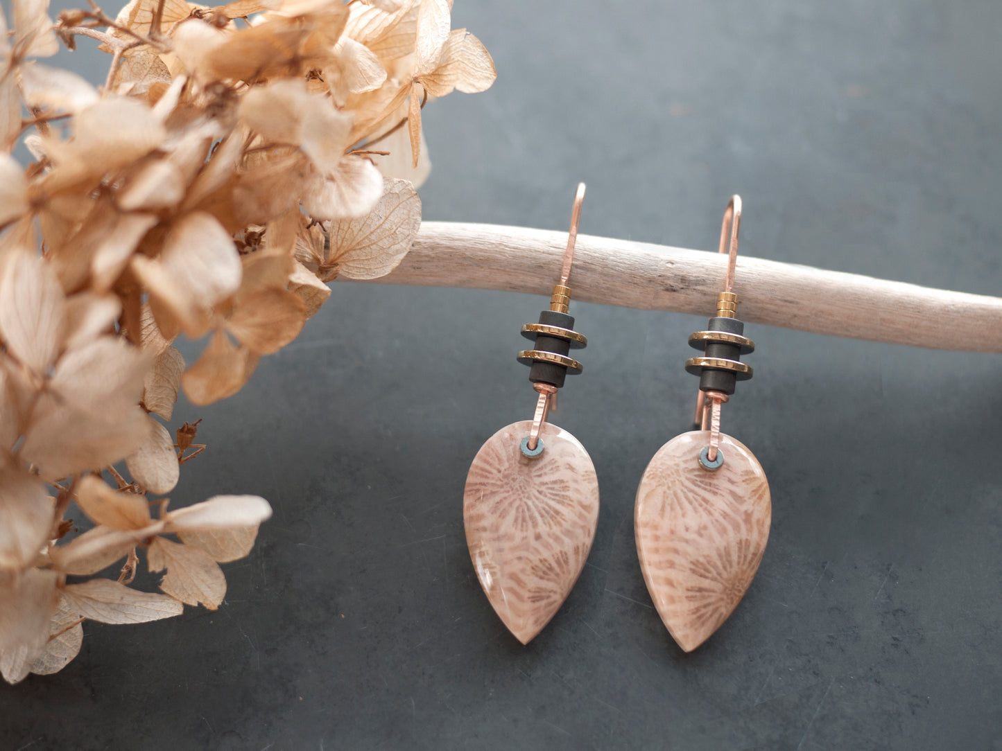 Peach Fossil Coral Drop Earrings - In Rose Gold Fill