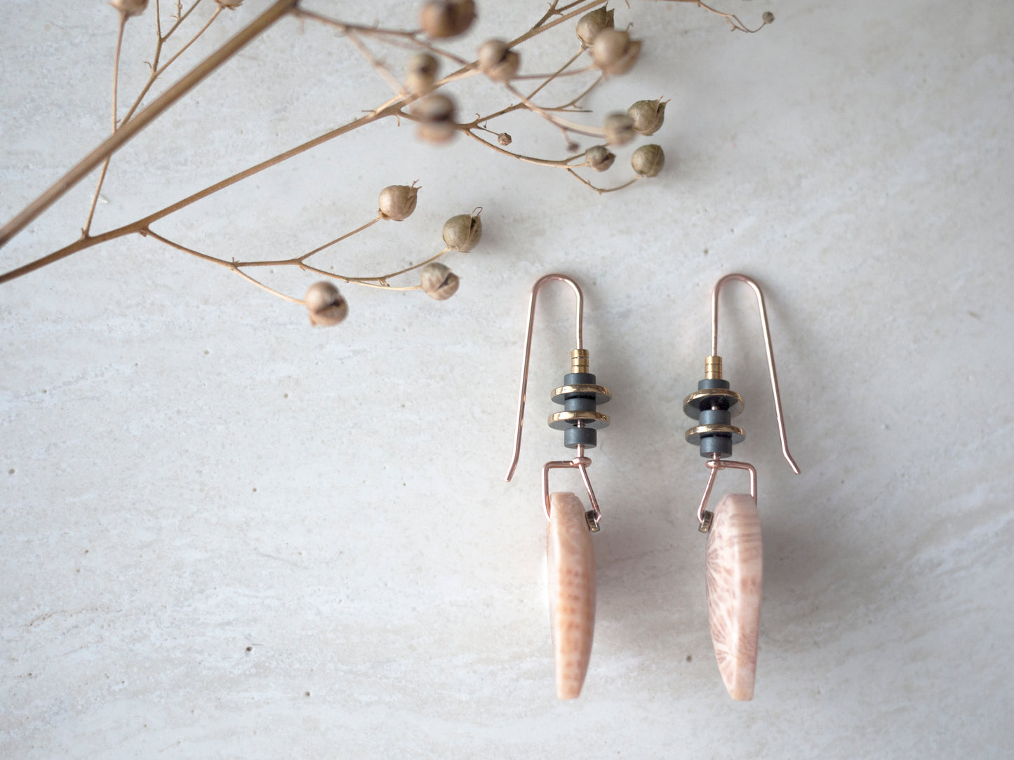 Peach Fossil Coral Drop Earrings - In Rose Gold Fill