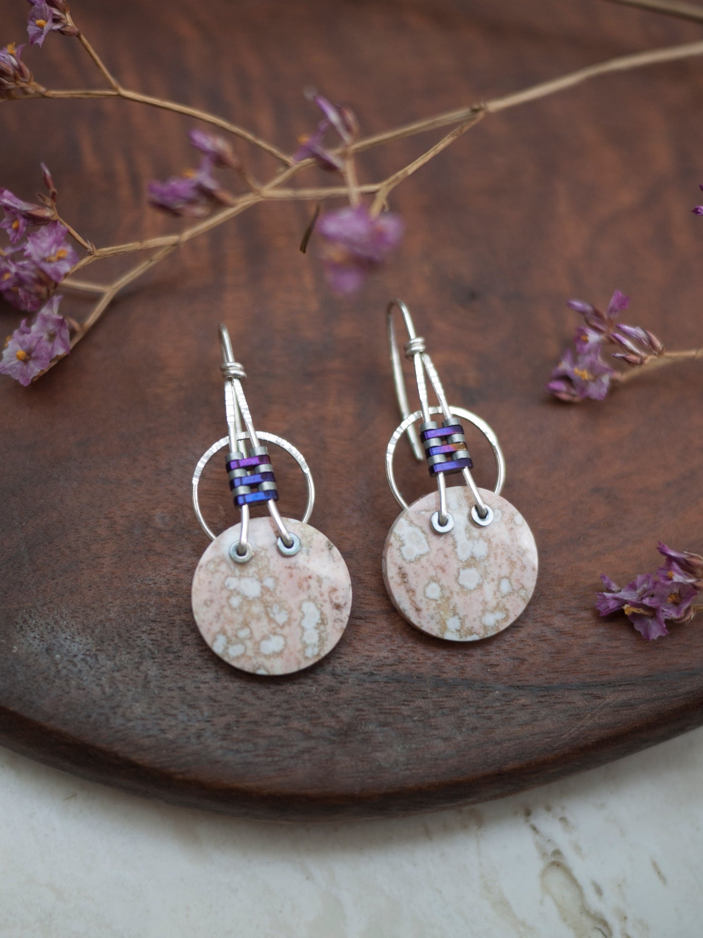 Pink Ocean Jasper Circle Earrings