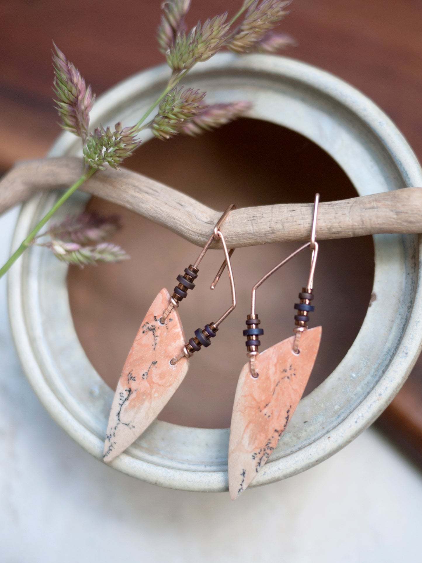 Pink Dendrite Spear Dangle Earrings