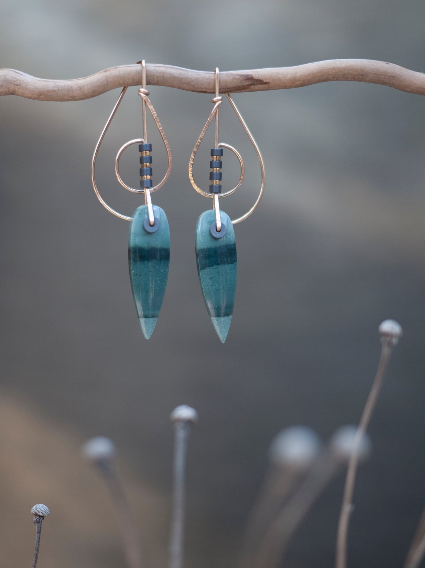 Long Polychrome Jasper Spiral Motif Earrings