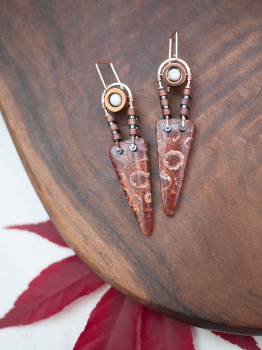 Red Fossil Coral Spear Dangle Earrings