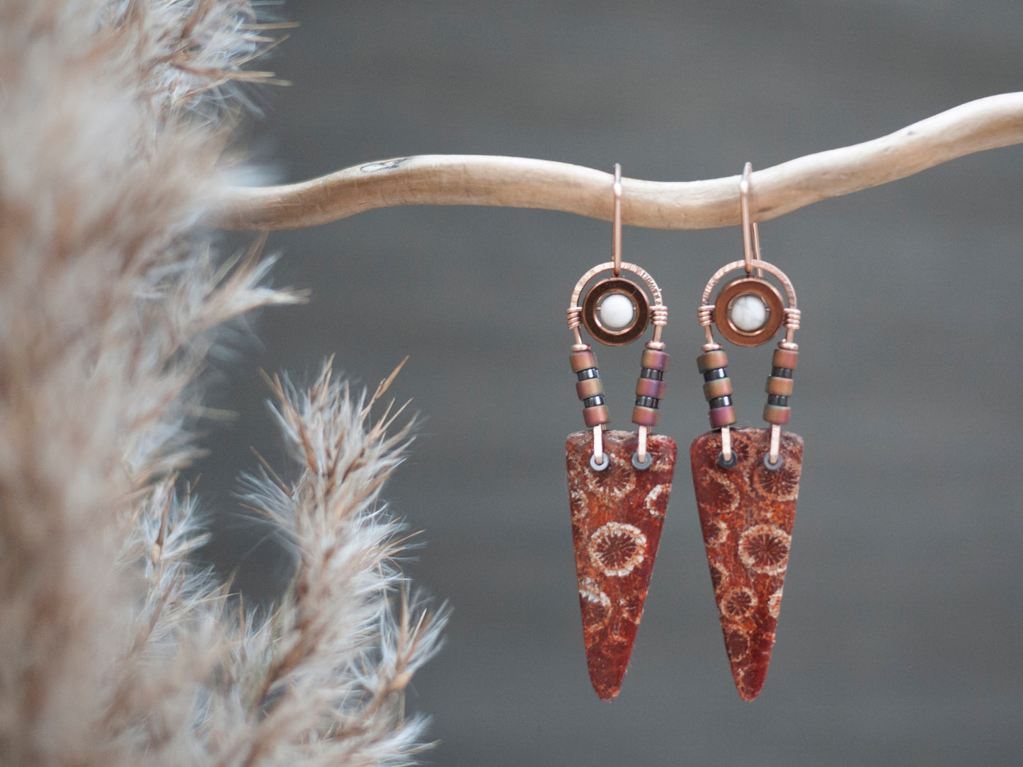 Red Fossil Coral Spear Dangle Earrings