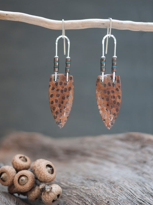 Red Petrified Palmwood Dangle Earrings