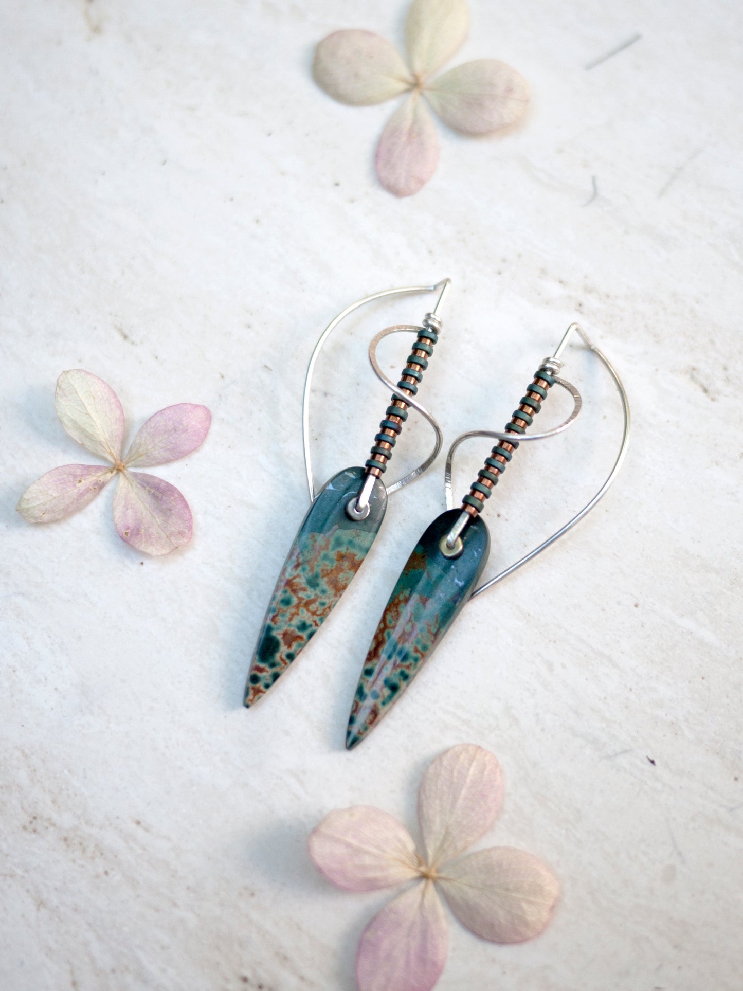 Forest Jasper Sculptural Spiral Drop Earrings