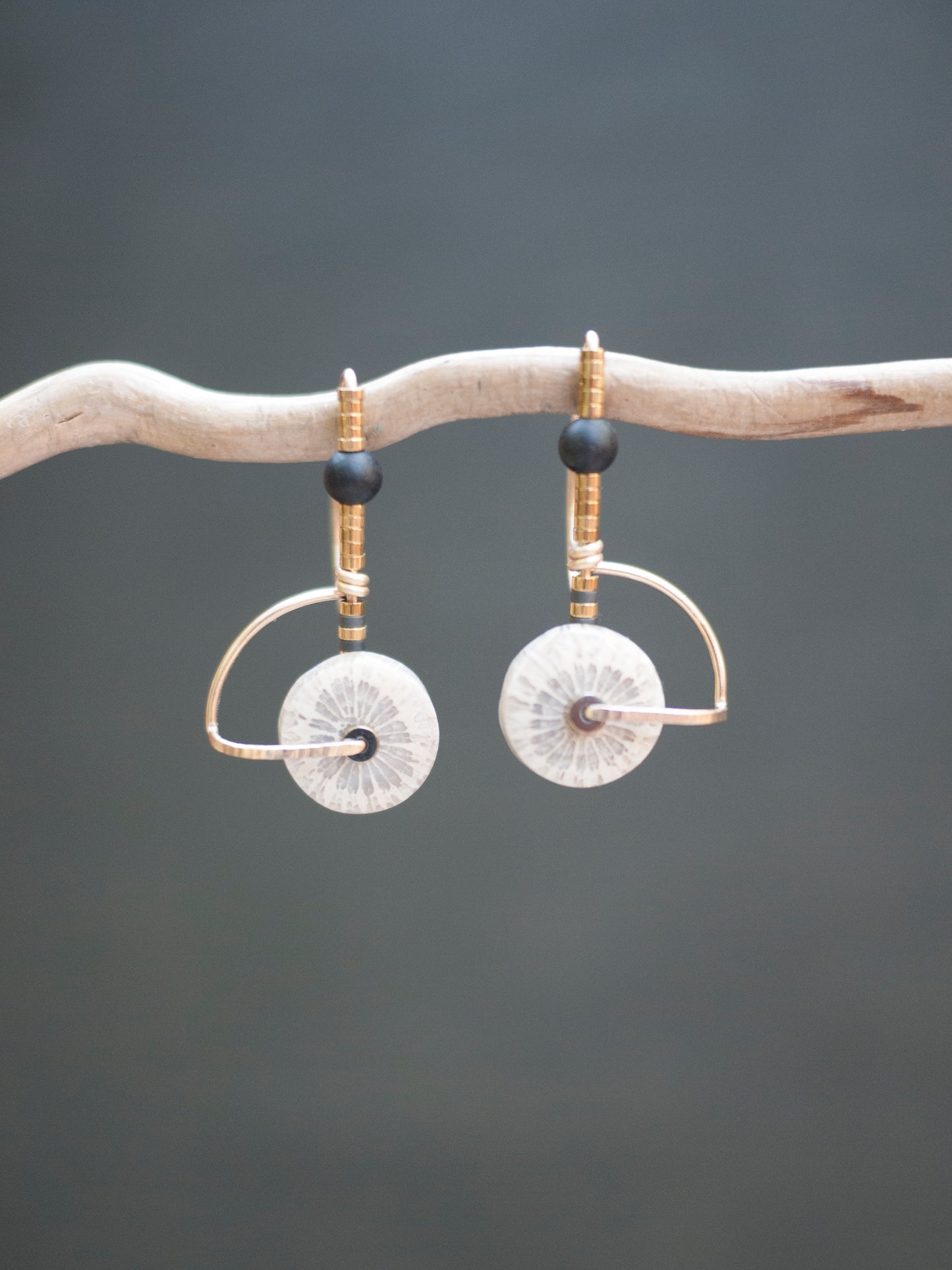 White Fossil Coral Circle Arch Earrings