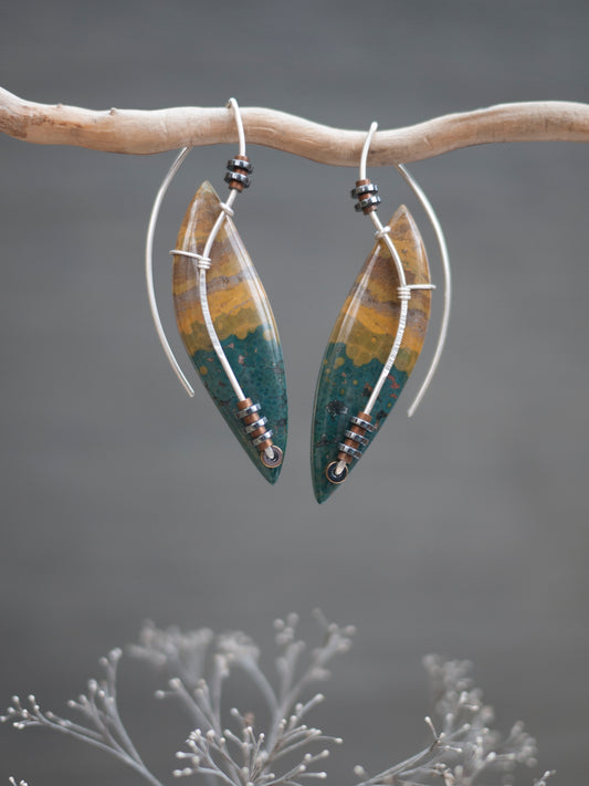 Long Ocean Jasper Leaf Drop Earrings