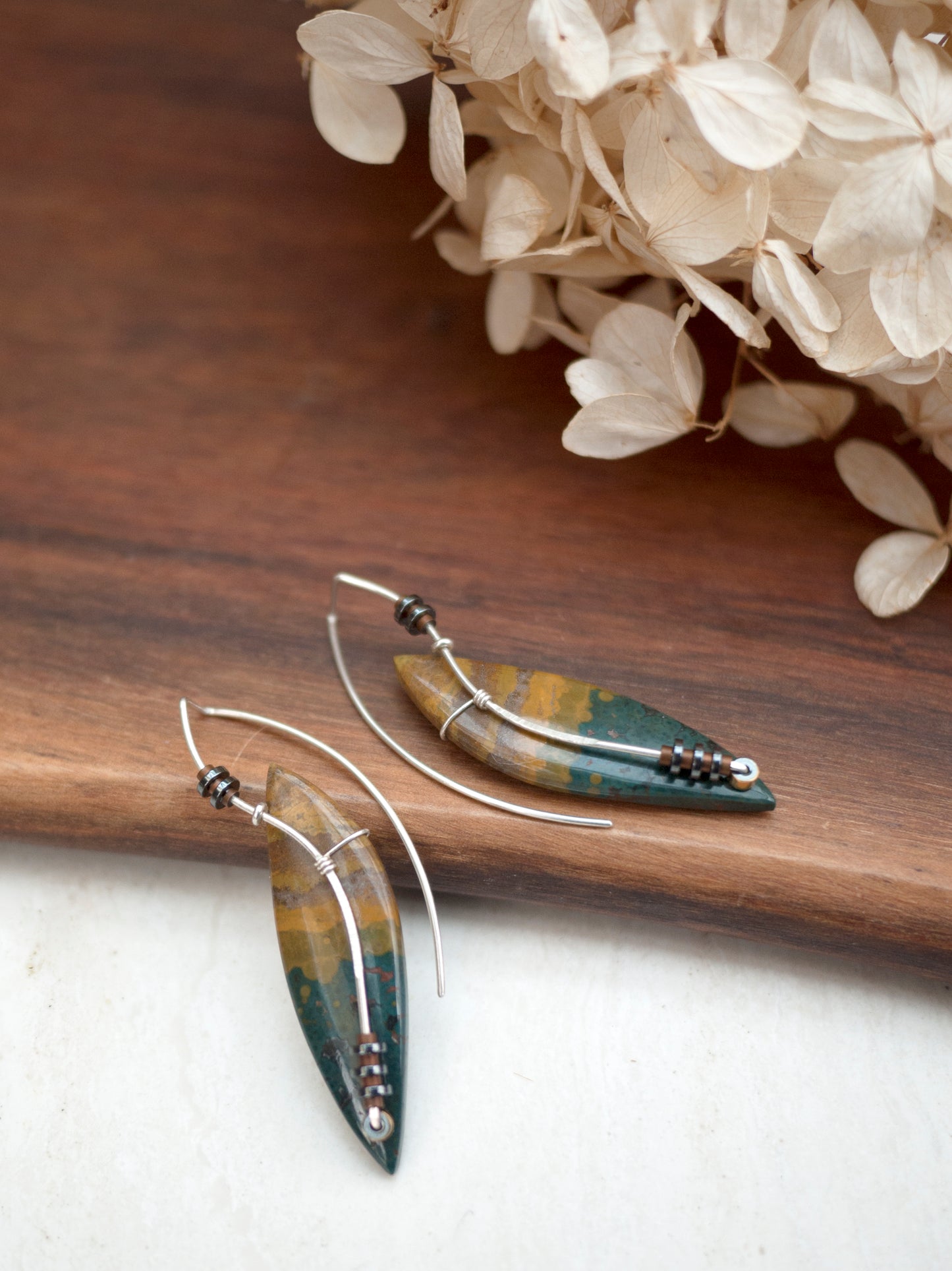 Long Ocean Jasper Leaf Drop Earrings