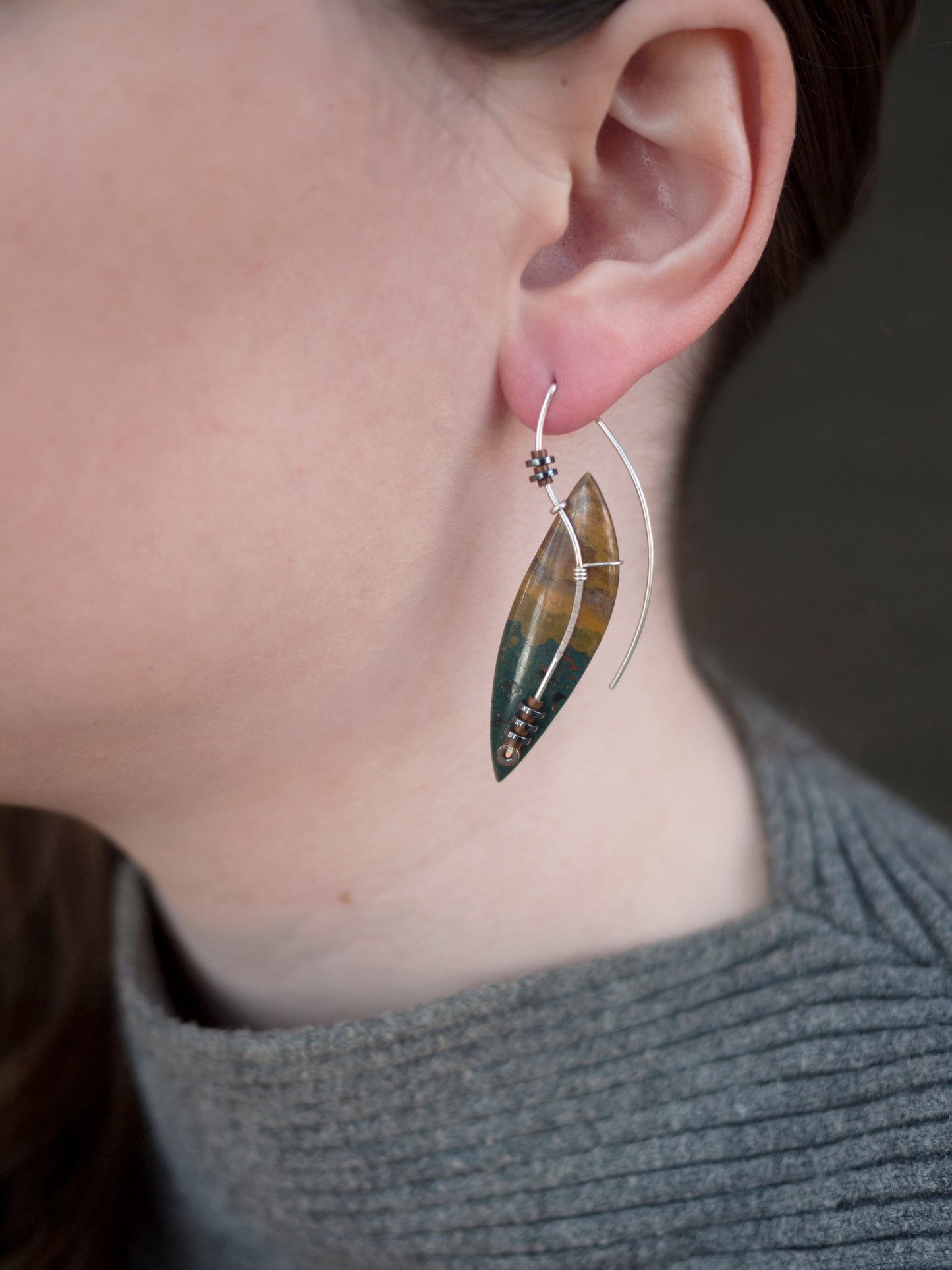 Long Ocean Jasper Leaf Drop Earrings
