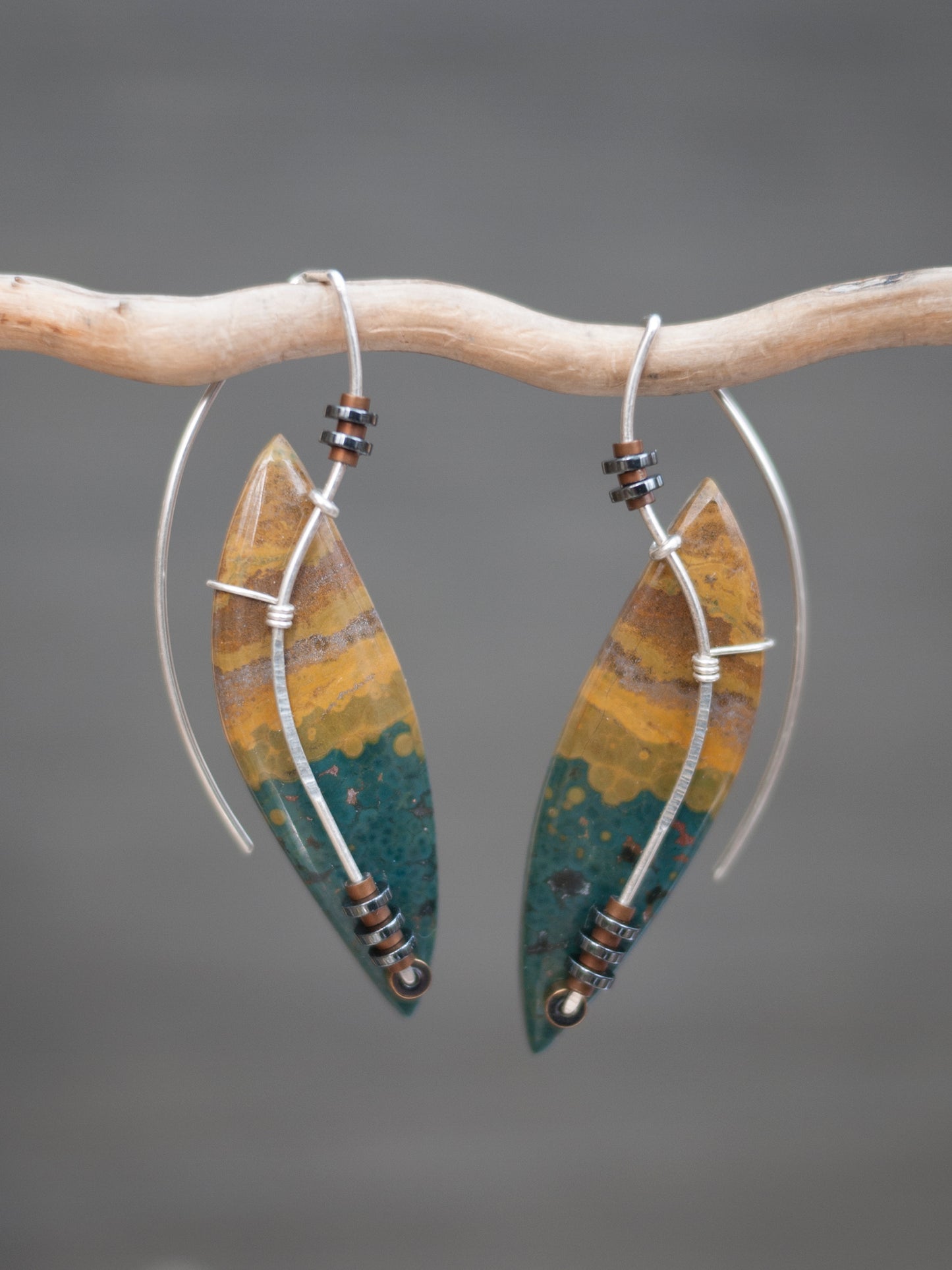 Long Ocean Jasper Leaf Drop Earrings