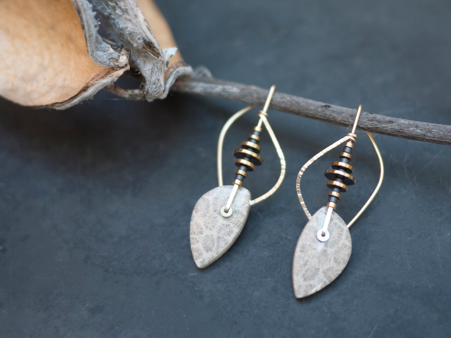 Leaf Shaped Fossilized Coral Sculptural Earrings
