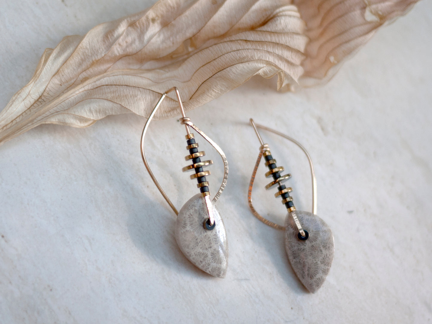 Leaf Shaped Fossilized Coral Sculptural Earrings