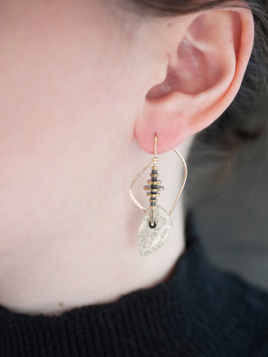 Leaf Shaped Fossilized Coral Sculptural Earrings
