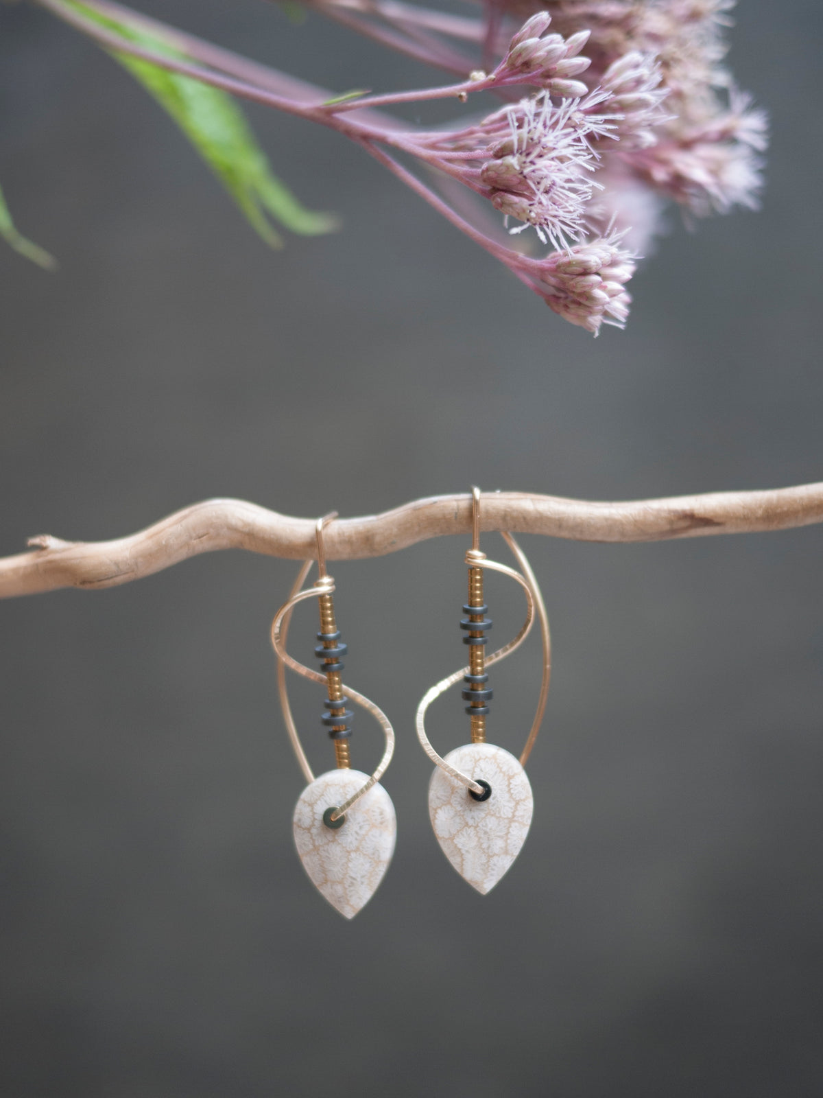 Sculptural Spiral Fossil Coral Drop Earrings
