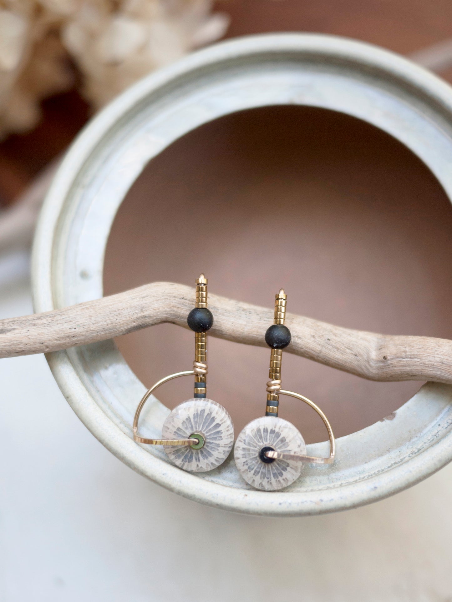 White Fossil Coral Circle Arch Earrings