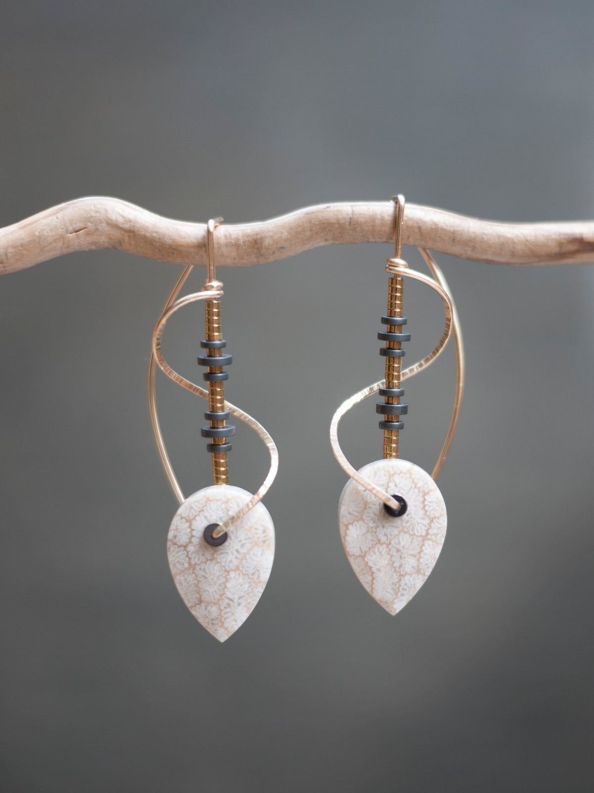 Sculptural Spiral Fossil Coral Drop Earrings