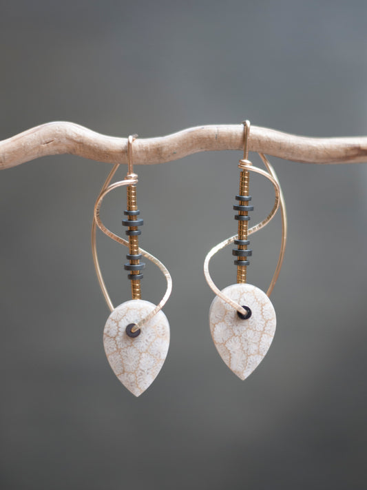 Sculptural Spiral Fossil Coral Drop Earrings