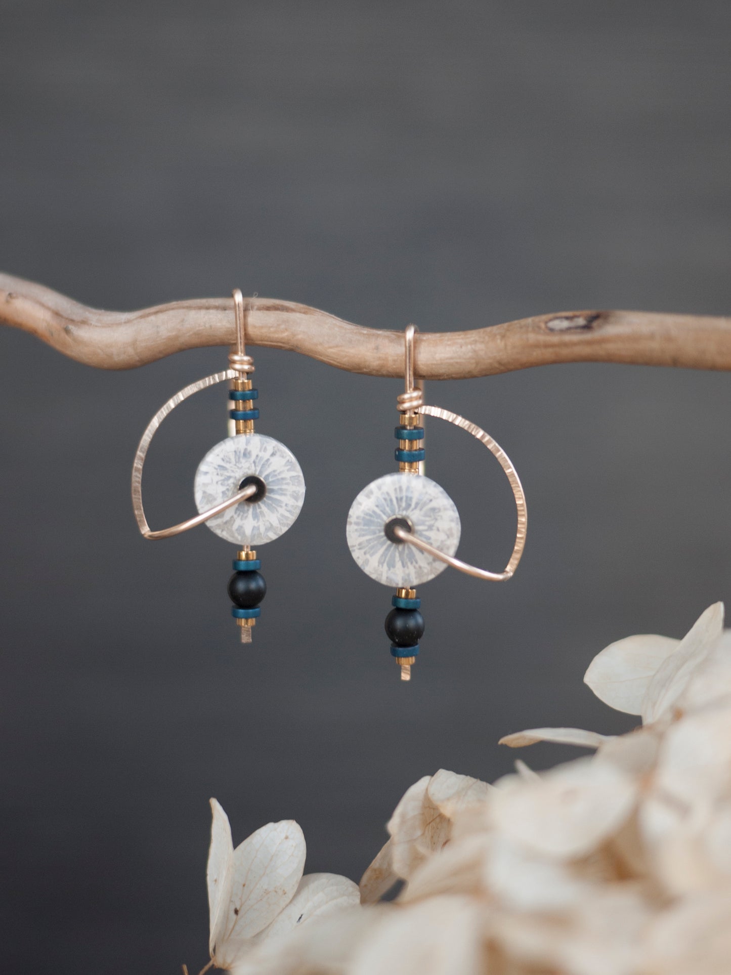 Dainty White Fossil Coral Circle Drop Earrings