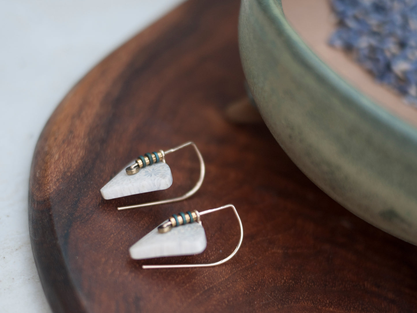 Dainty White Fossil Coral Fan Drop Earrings