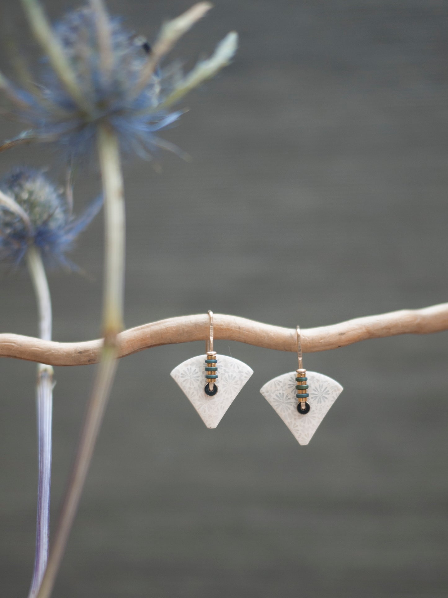 Dainty White Fossil Coral Fan Drop Earrings