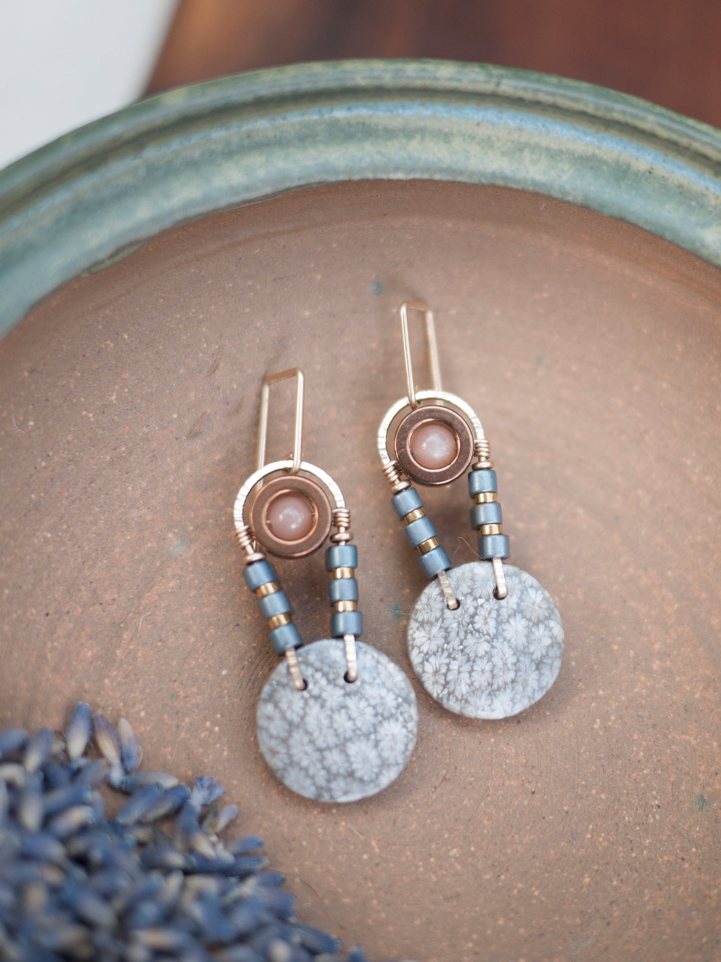 Fossil Coral Circles and Sunstone Dangle Earrings