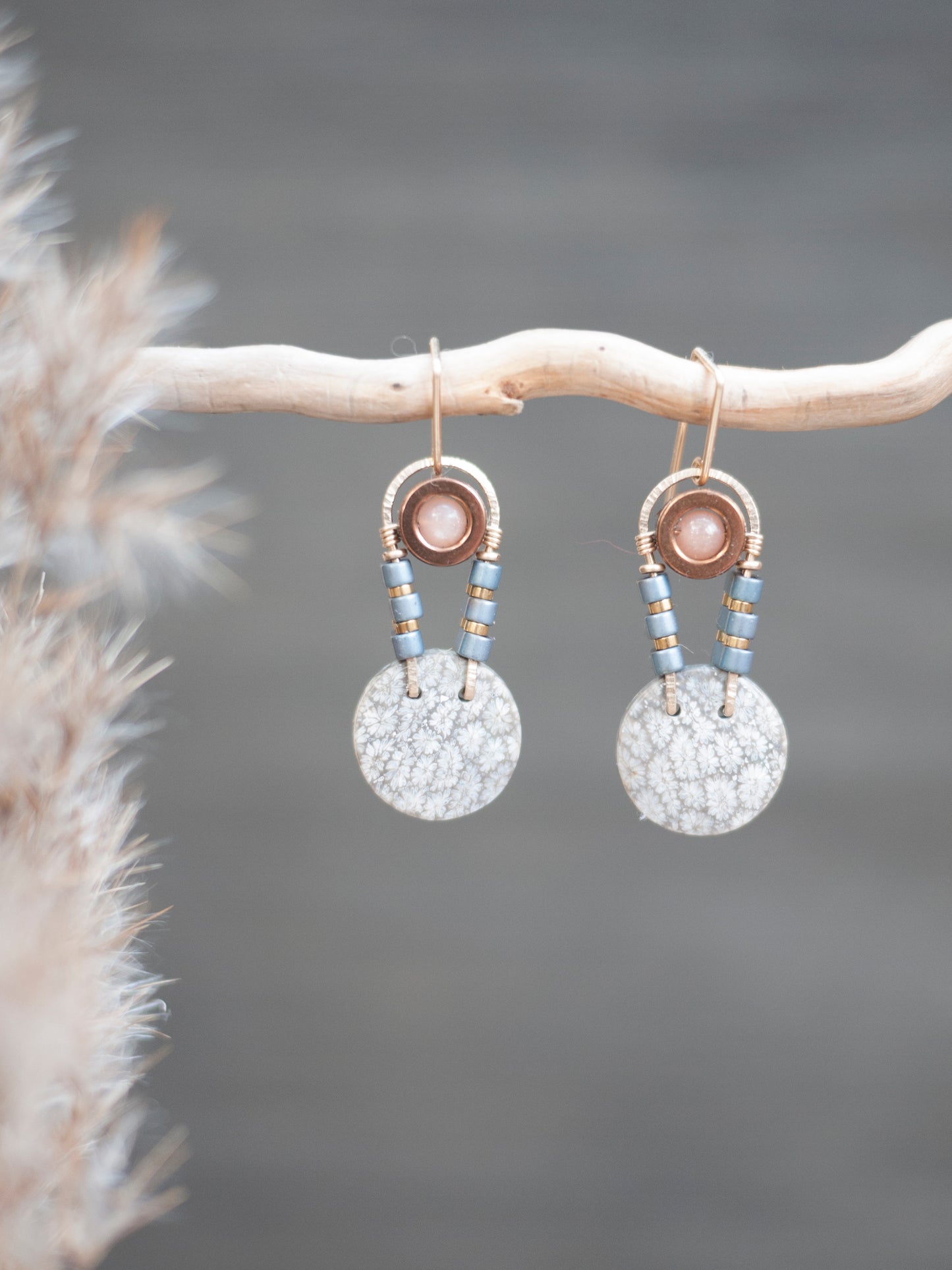 Fossil Coral Circles and Sunstone Dangle Earrings