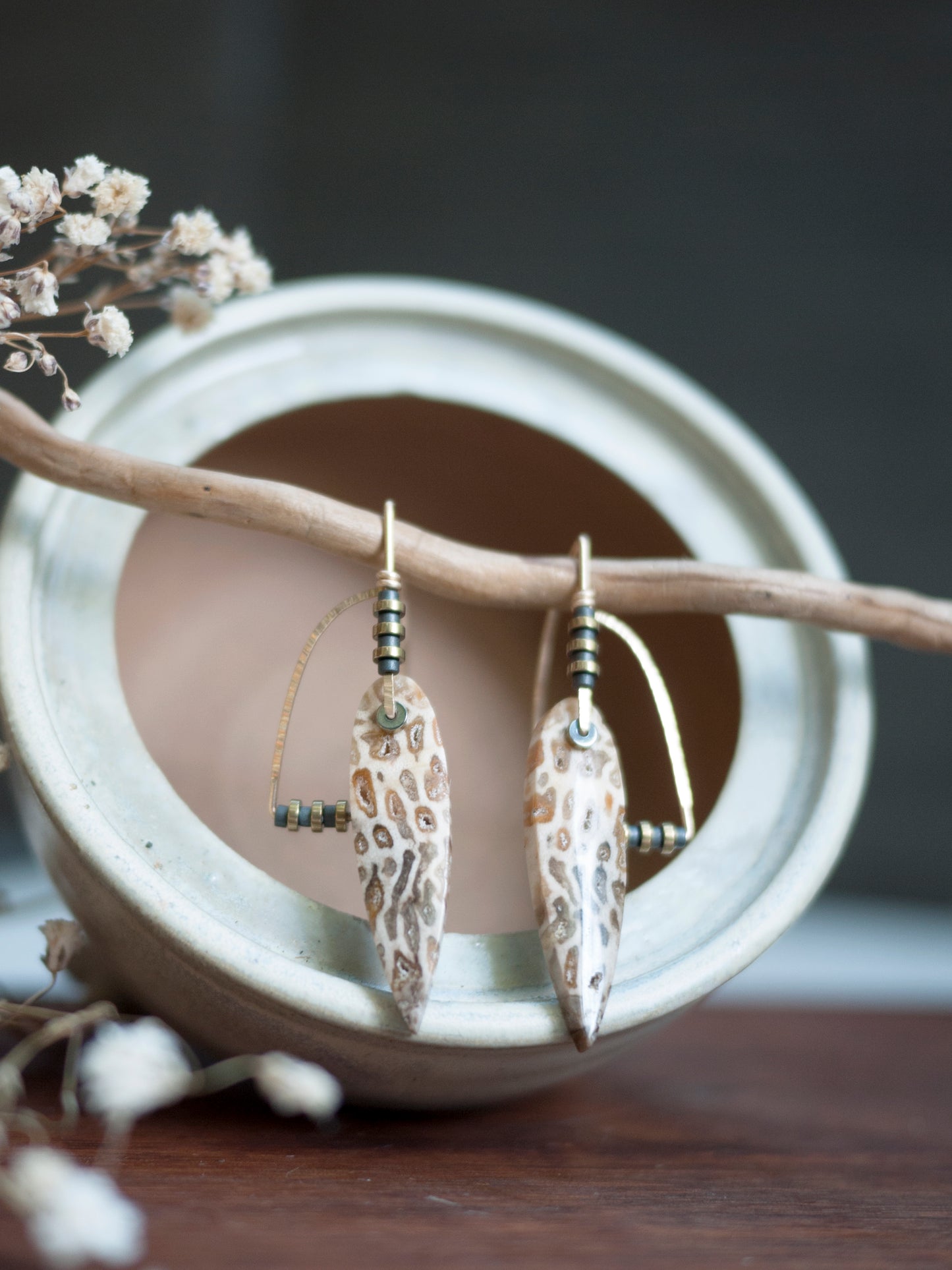 Deco Style Petrified Palmwood Earrings