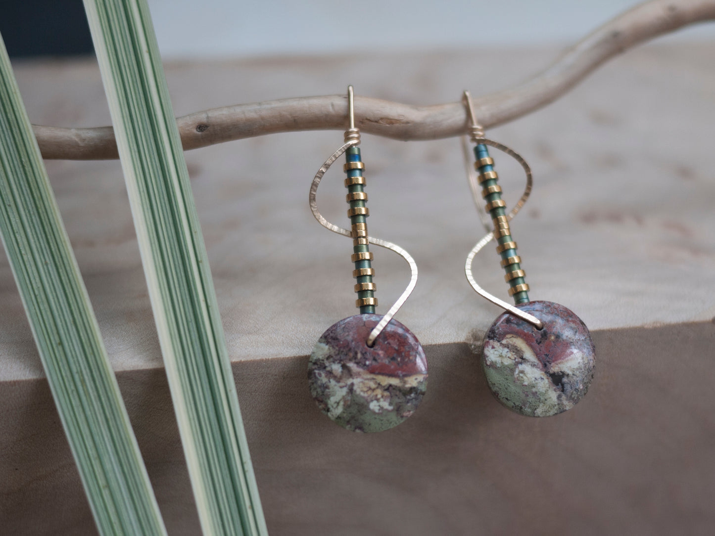 Spiral Moss Agate Circle Earrings