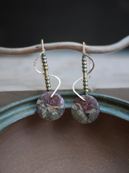 Spiral Moss Agate Circle Earrings