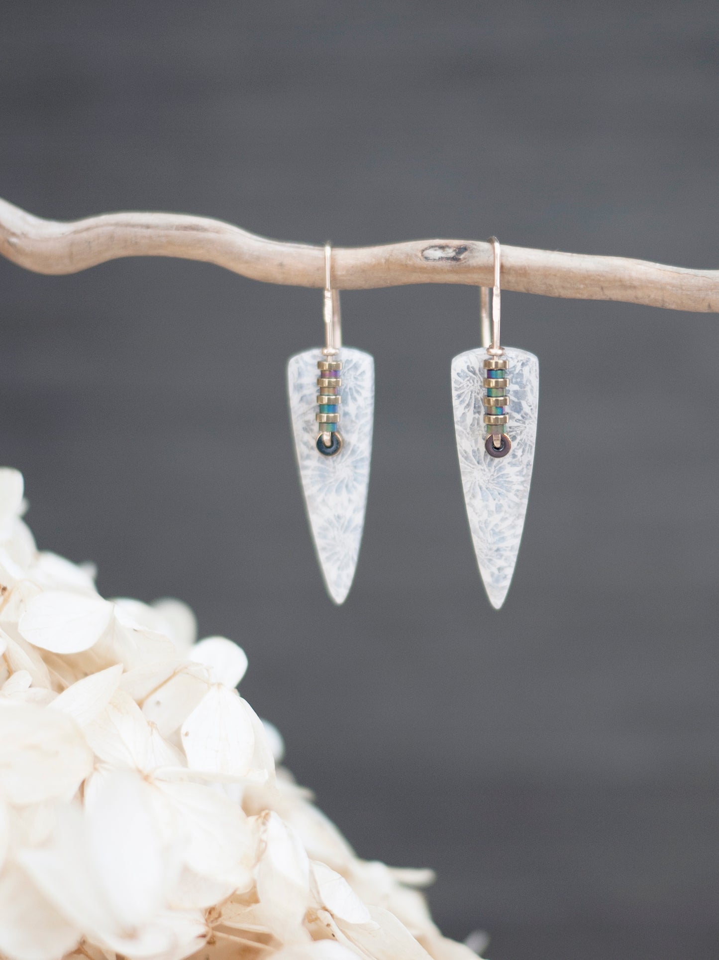 Long White Fossil Coral Spear Drop Earrings