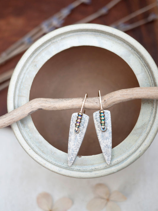 Long White Fossil Coral Spear Drop Earrings