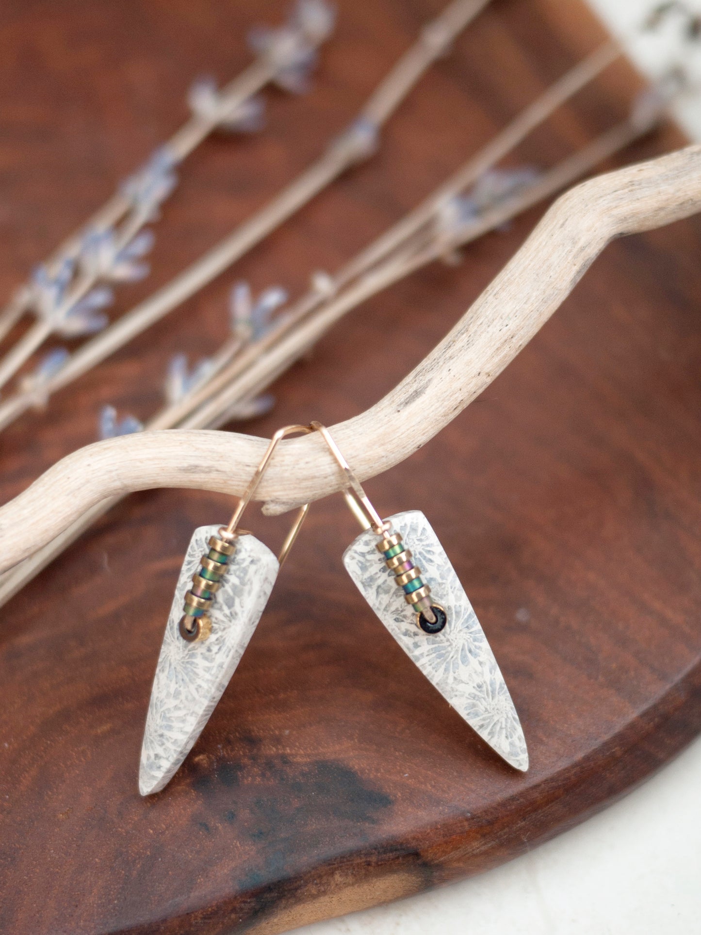 Long White Fossil Coral Spear Drop Earrings