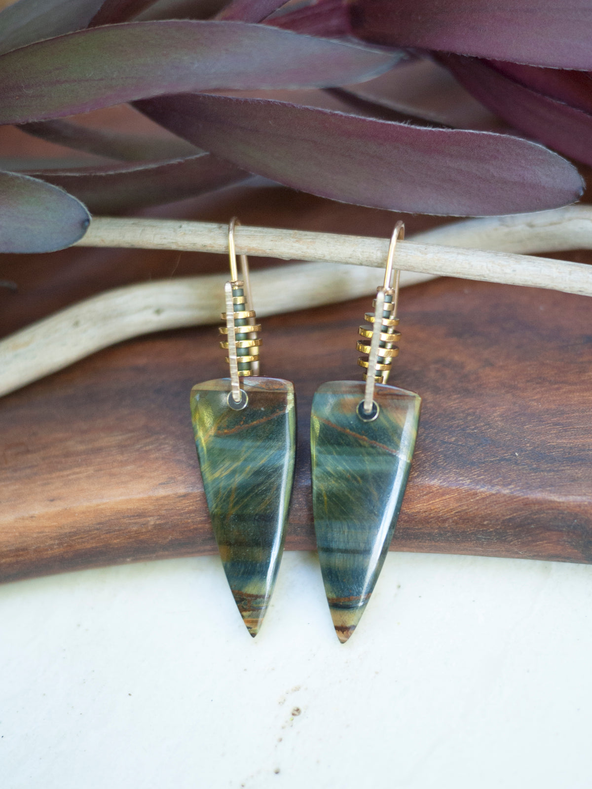 Blue Tigers Eye Triangle Drop Earrings