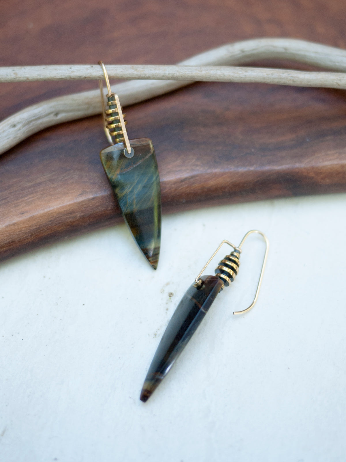 Blue Tigers Eye Triangle Drop Earrings