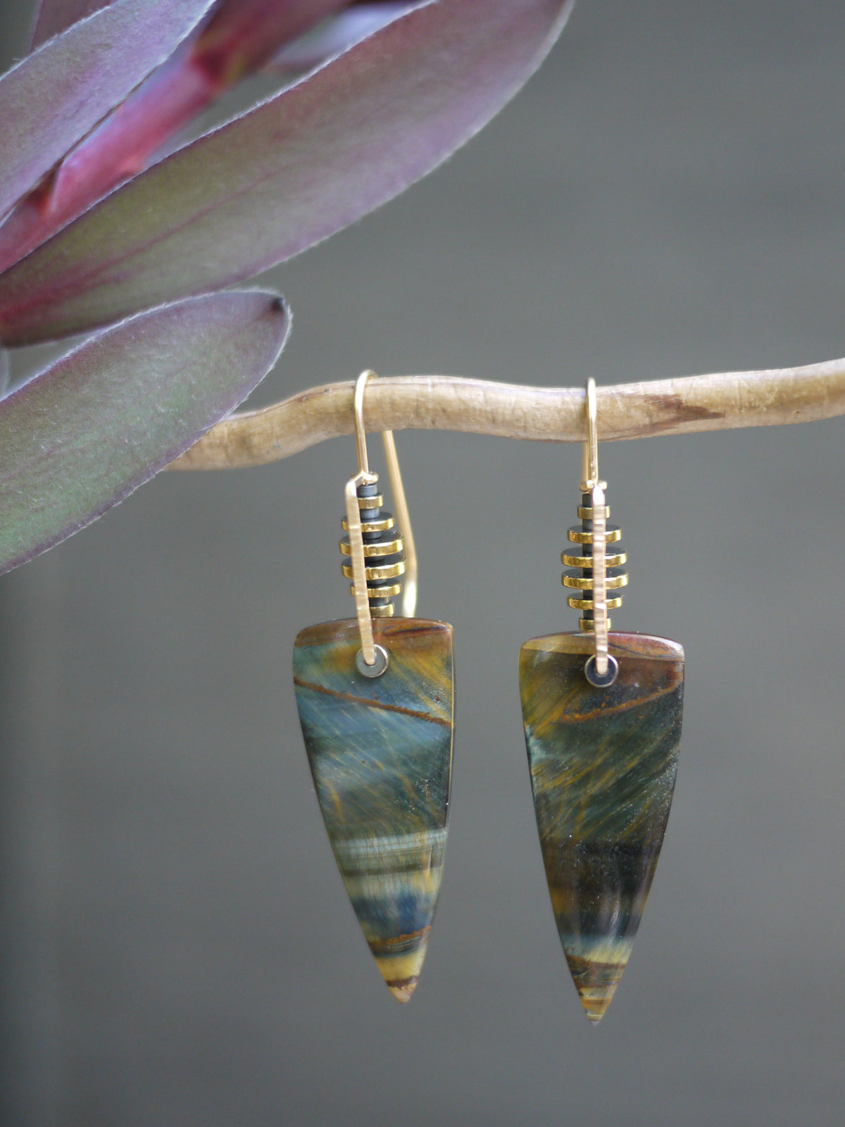 Blue Tigers Eye Triangle Drop Earrings