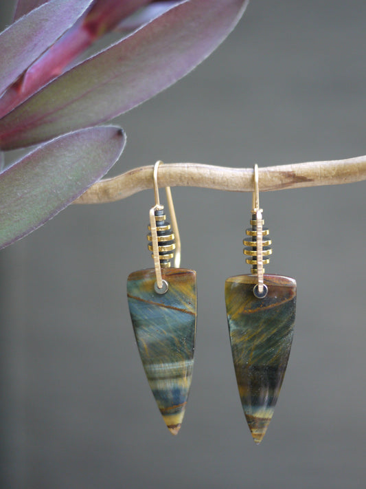 Blue Tigers Eye Triangle Drop Earrings