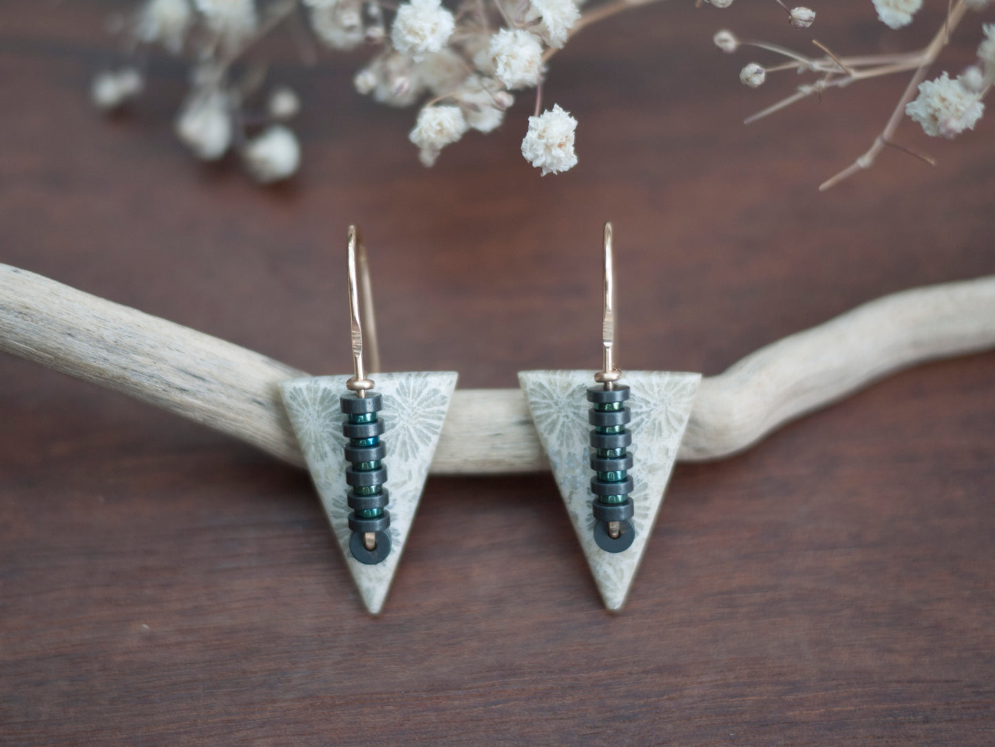 Triangle Spear Fossil Coral Earrings