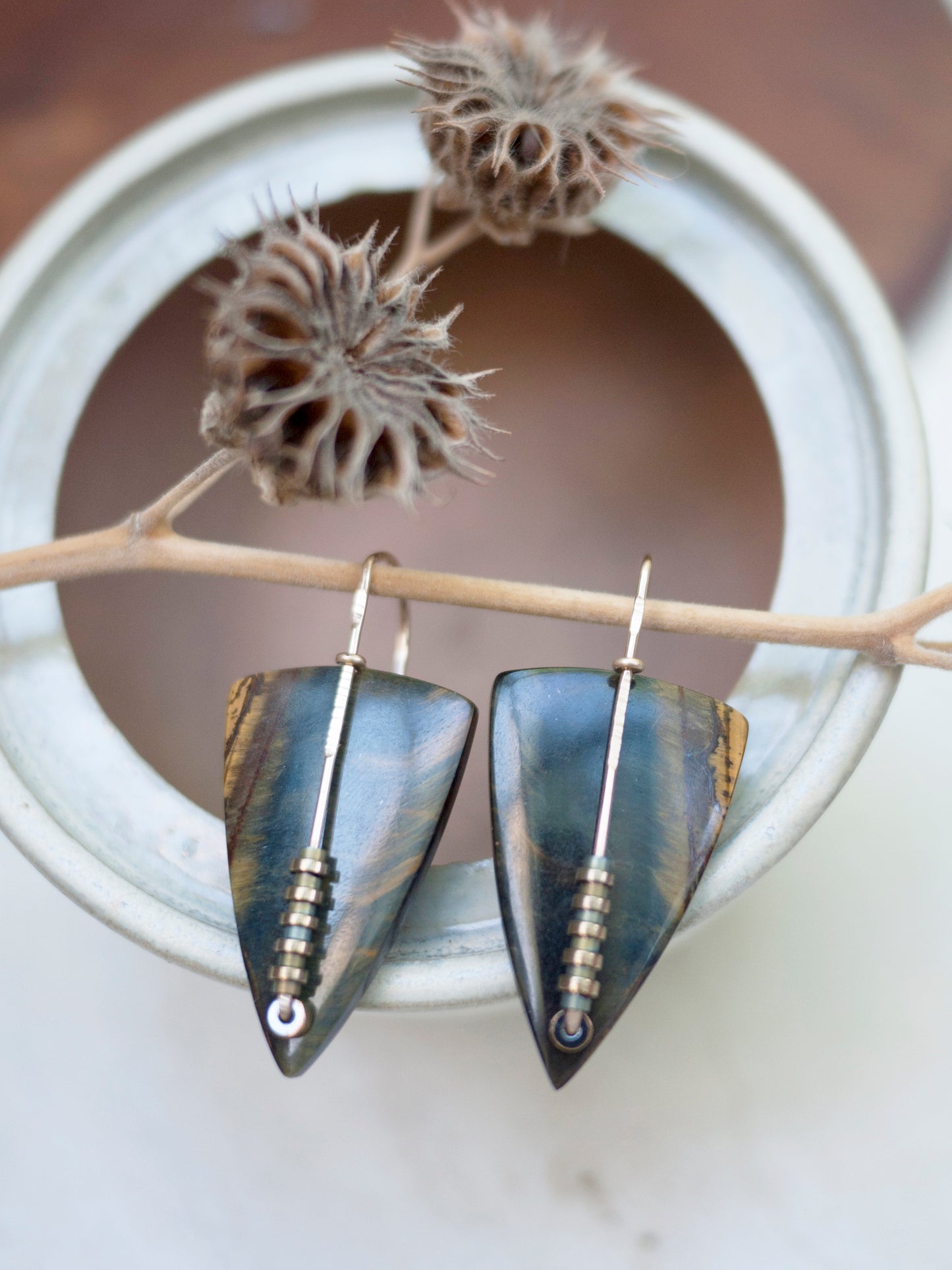 Blue Tigers Eye Triangle Drop Earrings