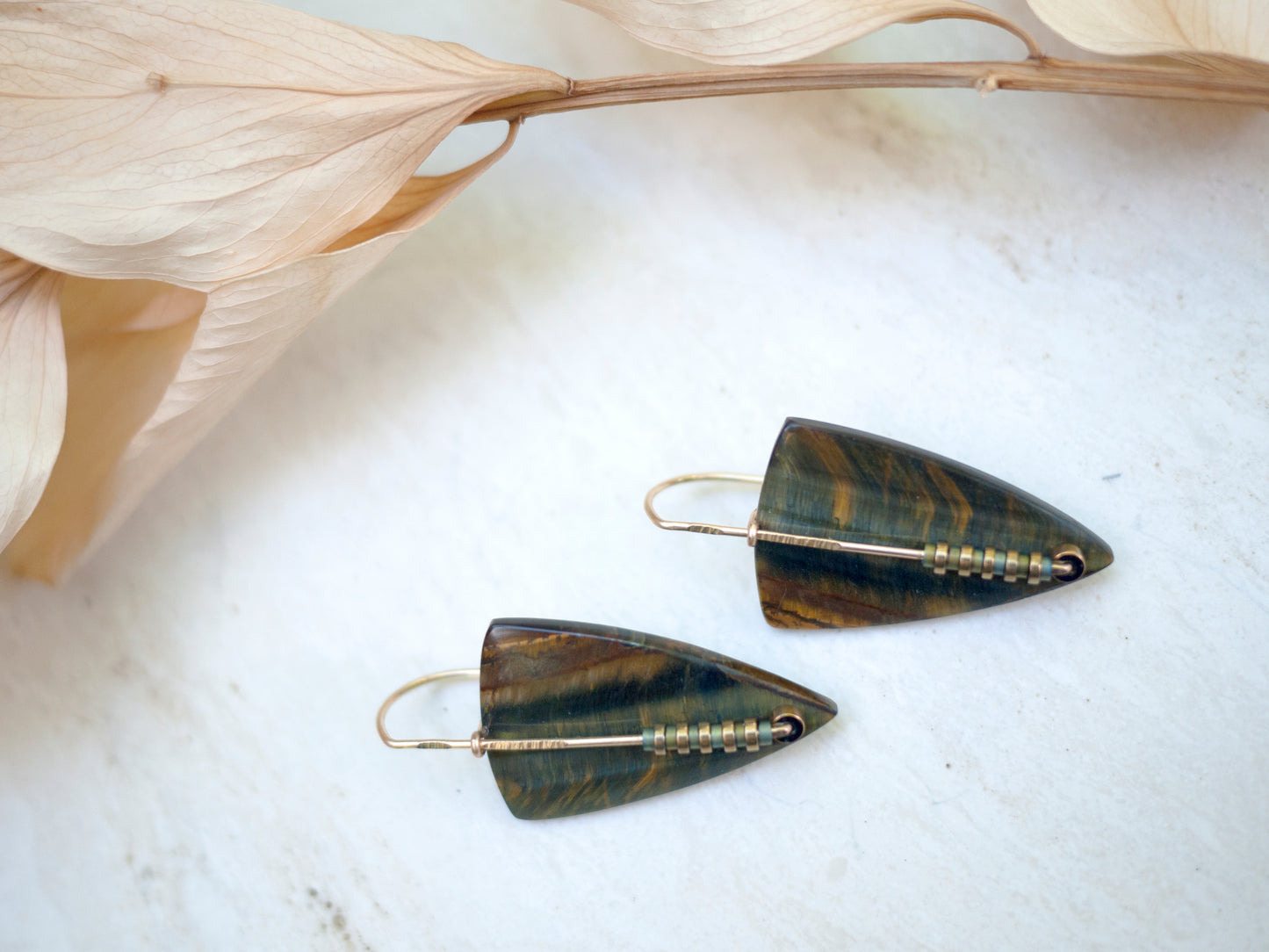 Blue Tigers Eye Triangle Drop Earrings